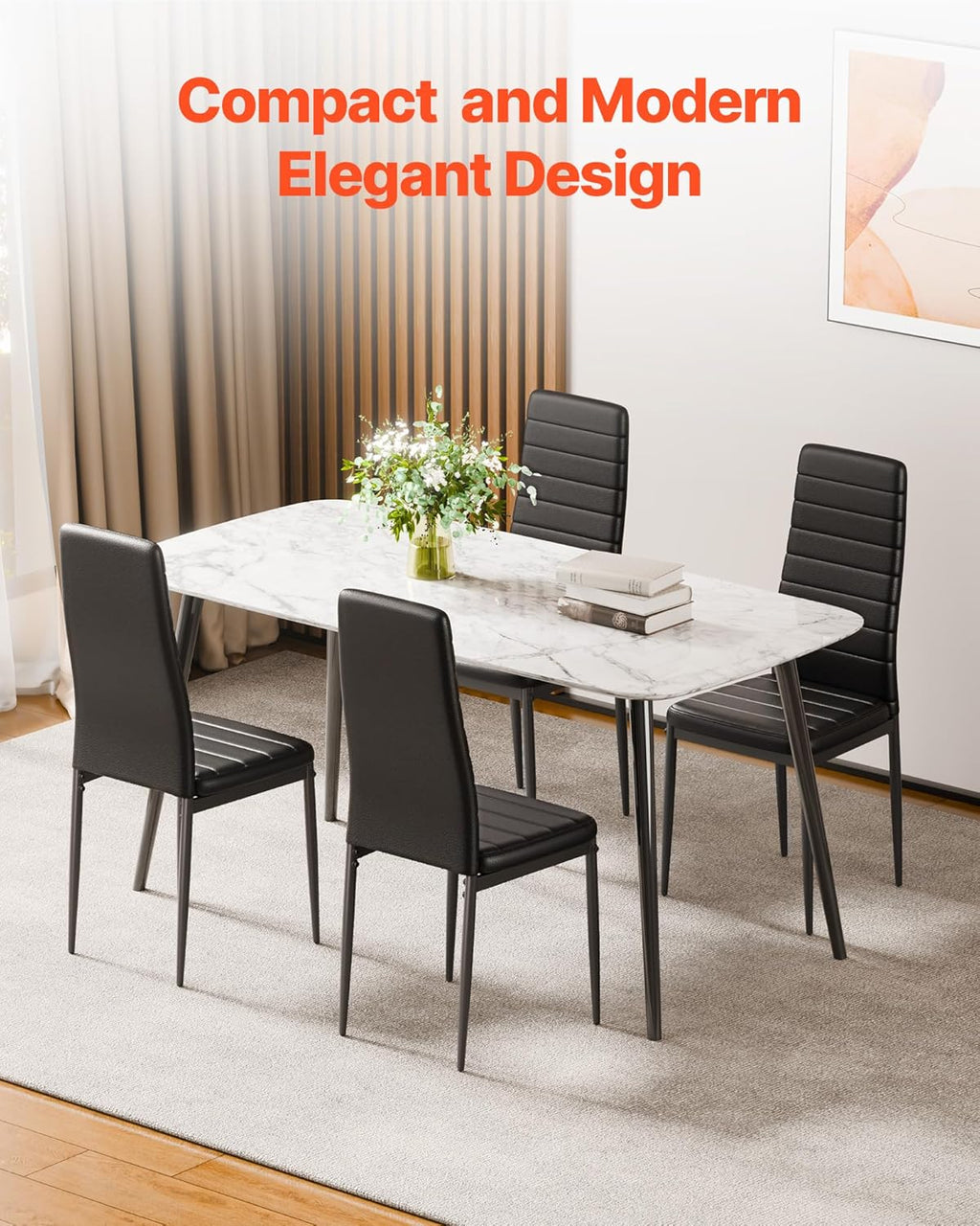 VEVOR Modern Dining Room Accent Chairs Set of 6, Upholstered Leather Side Chair for Living Room, Space-Saving Kitchen Chair with Thick Cushions and Metal Legs, Black