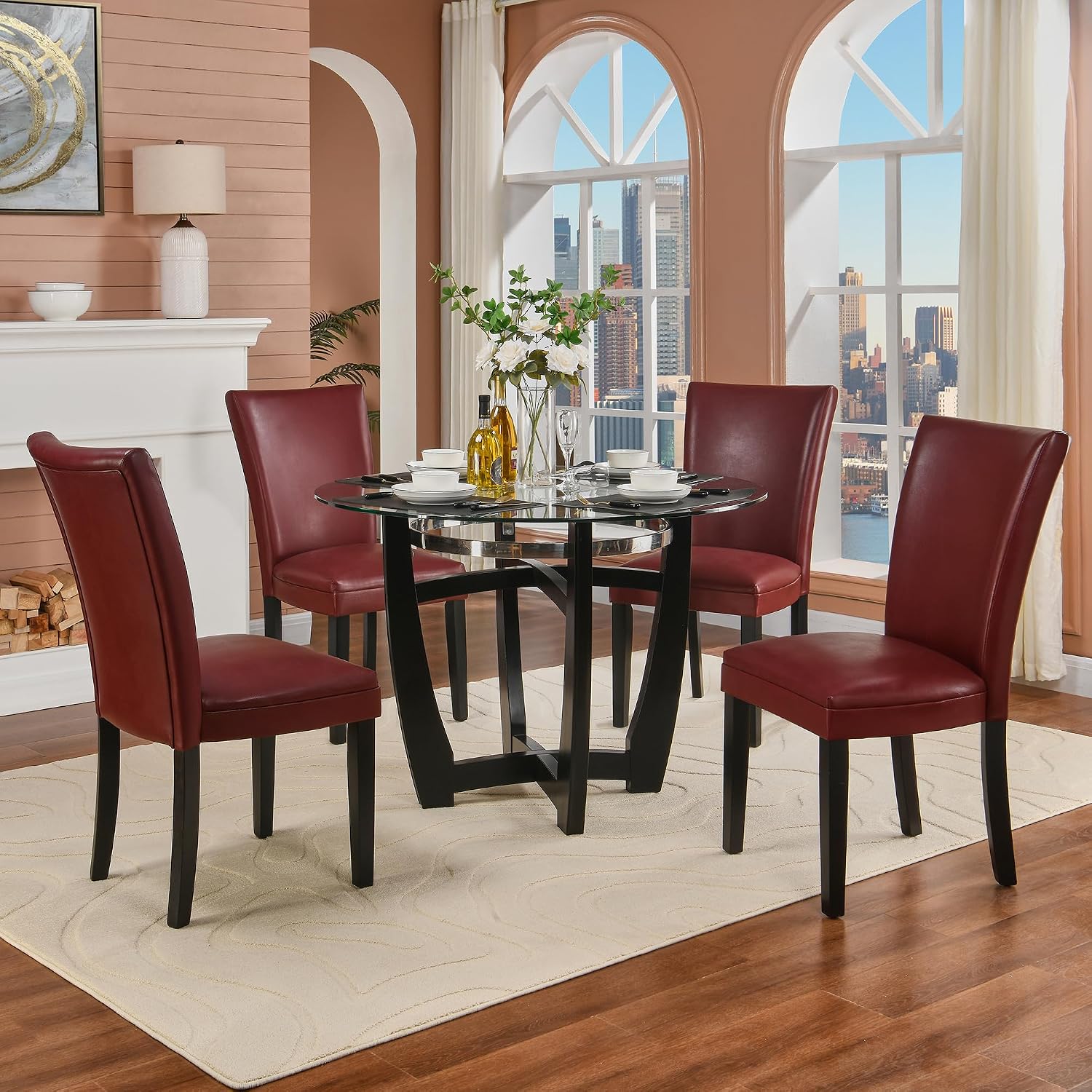 Solid Wood Dining Chairs Set of 4 with UP High Back, Modern Classic Kitchen Chairs with Upholstered Seat, Holds 300 Lbs,Easy Assembly for Dining Room, Home Office Red CY1331RD