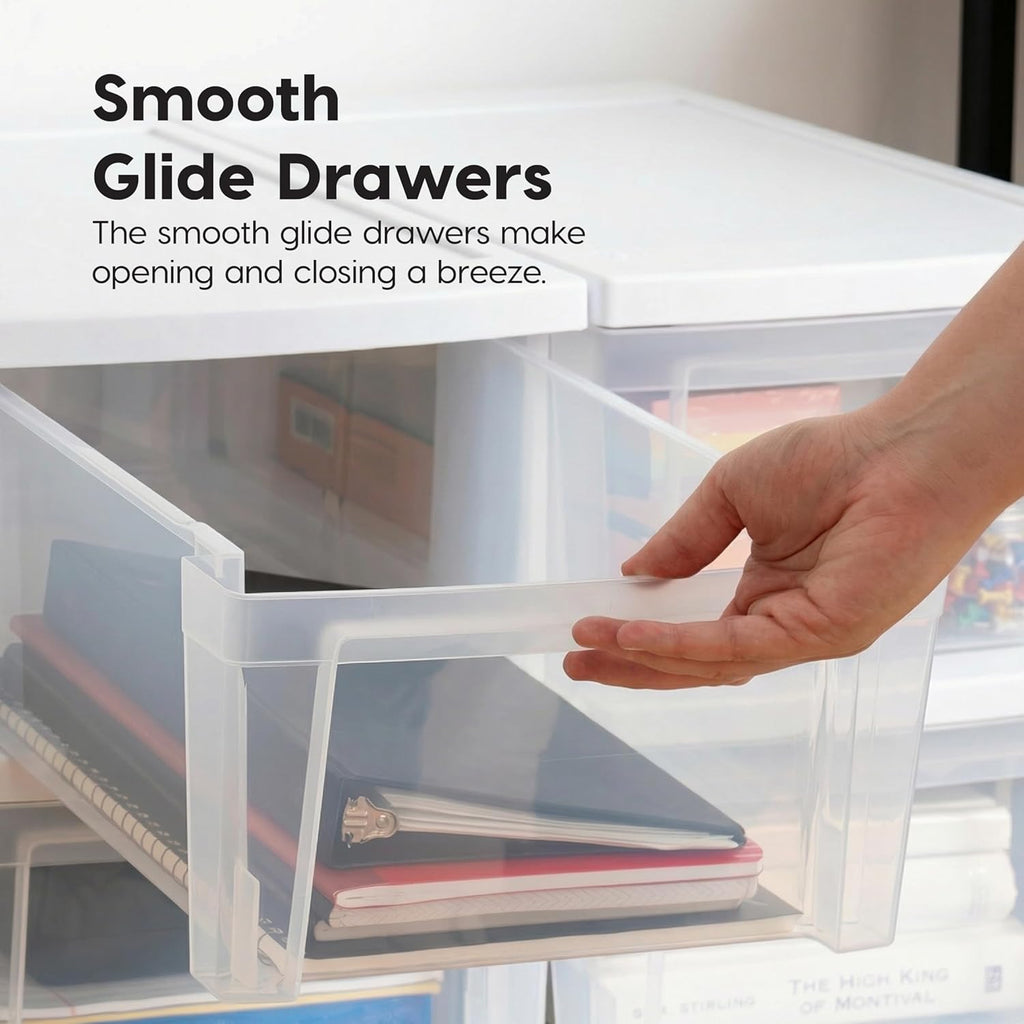 IRIS USA Plastic Drawer Storage Organizer, 3-Drawers, 2-Pack, for Classroom Art Craft Supplies, Bathroom Bedroom, Laundry Room, White/Clear