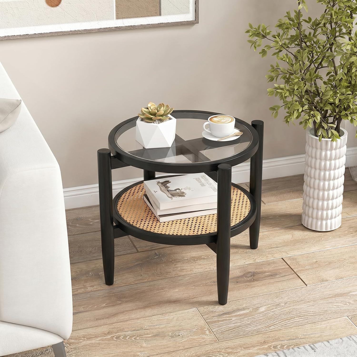 Giantex Rattan Round End Table, Boho Nightstand with Tempered Glass Top & Acacia Wood Legs, 2-Tier Side Table with Storage, Bedside Tables for Small Spaces Living Room Bedroom (Black)