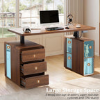 AVZEAR Farmhouse Electric Standing Desk, 55" Height Adjustable Computer Stand up Desk with 3 Drawers and Storage Shelf, Mid Century Modern Home Office Desk Wood Sit Stand Desks for Work, Study, Walnut