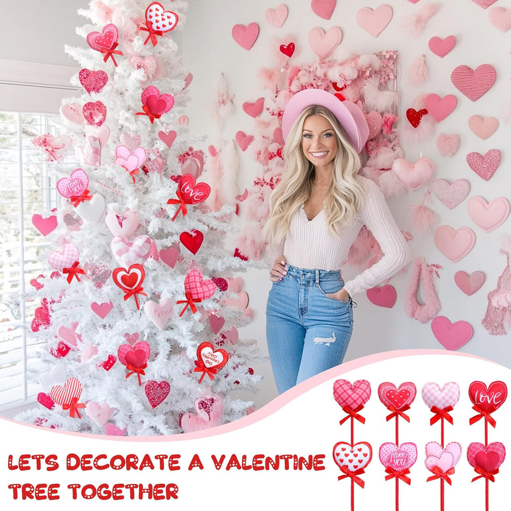16 Pcs Valentines Day Tree Decor Heart Floral Picks 12" 3D Wooden Valentines Foam Heart Stems Plush Sticks Galentines Decorations for Flower Arrangement Wedding Table Centerpiece Vase Filler Home