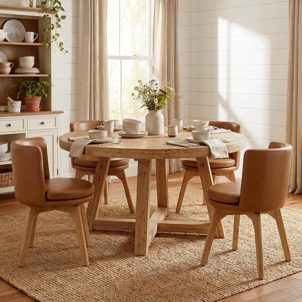 Swivel Dining Chairs Set of 2, 360° Rotating Kitchen Chairs with Solid Rubber Wood Legs, Upholstered Barrel Back Dining Room Seating for Modern Home/Kitchen - Bronw PU