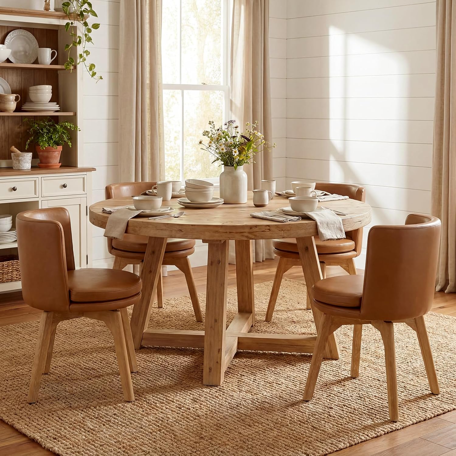 Swivel Dining Chairs Set of 2, 360° Rotating Kitchen Chairs with Solid Rubber Wood Legs, Upholstered Barrel Back Dining Room Seating for Modern Home/Kitchen - Bronw PU