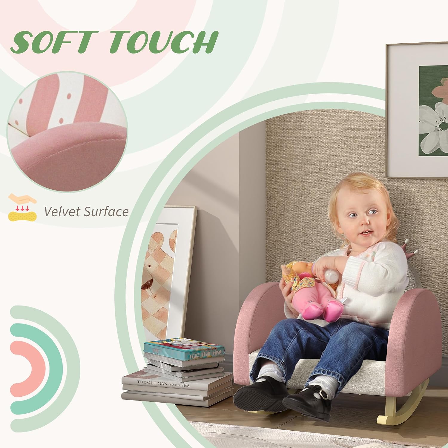 Qaba Kids Rocking Chair, Princess Crown Toddler Chair, Children's Armchair Rocker with Rainbow Backrest for Bedroom, Playroom, Pink