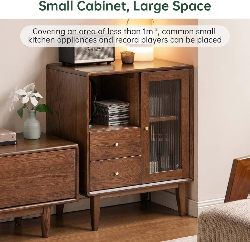 Mid-Century Modern Solid Wood Accent Cabinet 25.6" W x 15.7" D x 31.5" H – Buffet Sideboard with Glass Door & 2 Drawers, Easy Assembly, Walnut/Natural