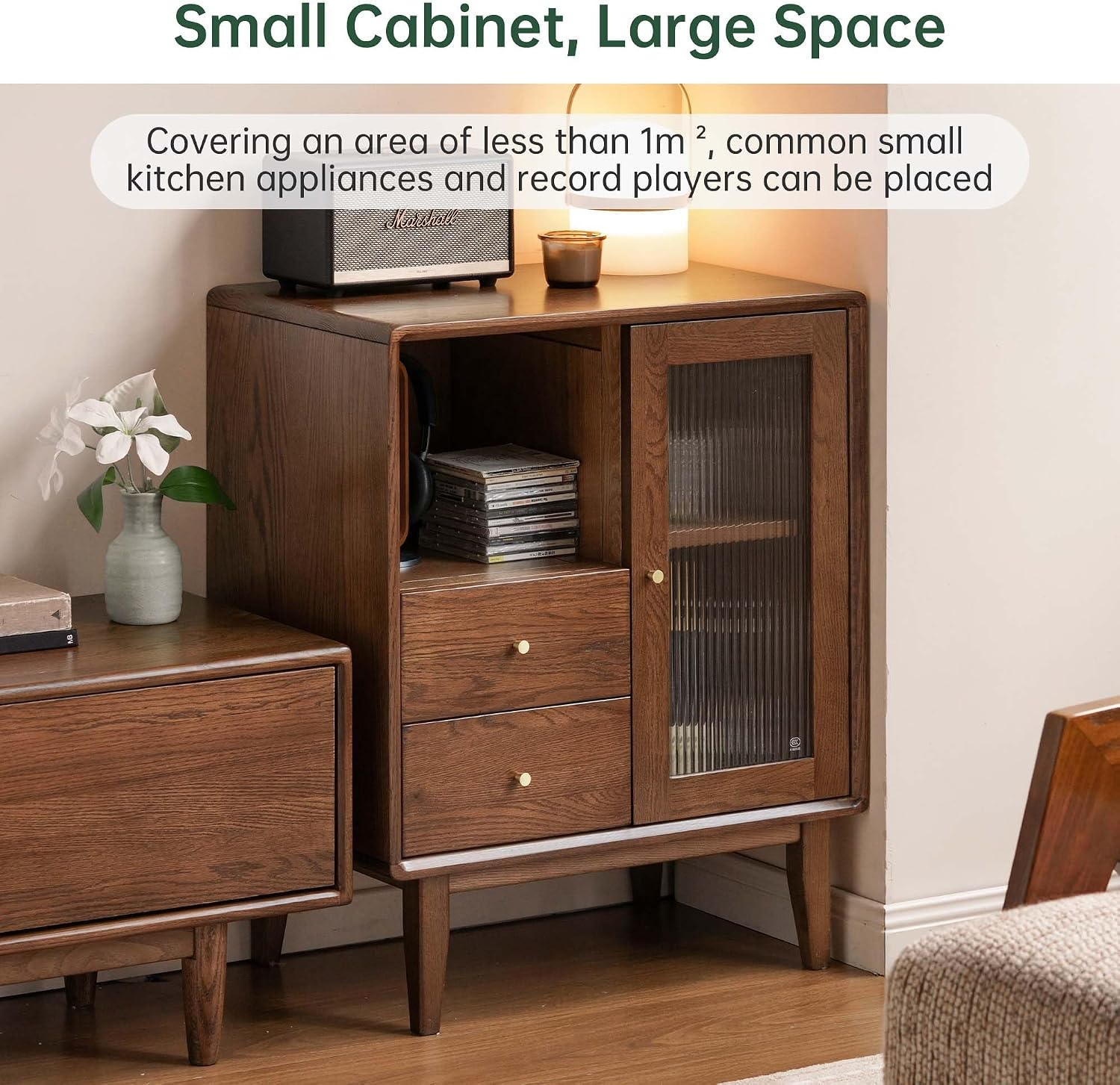 Mid-Century Modern Solid Wood Accent Cabinet 25.6" W x 15.7" D x 31.5" H – Buffet Sideboard with Glass Door & 2 Drawers, Easy Assembly, Walnut/Natural