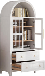 71" Farmhouse Arched Storage Cabinet with Glass Doors, Tall Arched Cabinet with Drawer, Adjustable Shelves & Door Racks, Modern Kitchen Pantry Cupboard, White