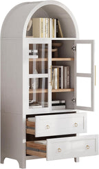 71" Farmhouse Arched Storage Cabinet with Glass Doors, Tall Arched Cabinet with Drawer, Adjustable Shelves & Door Racks, Modern Kitchen Pantry Cupboard, White