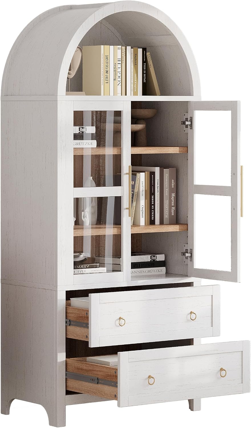71" Farmhouse Arched Storage Cabinet with Glass Doors, Tall Arched Cabinet with Drawer, Adjustable Shelves & Door Racks, Modern Kitchen Pantry Cupboard, White