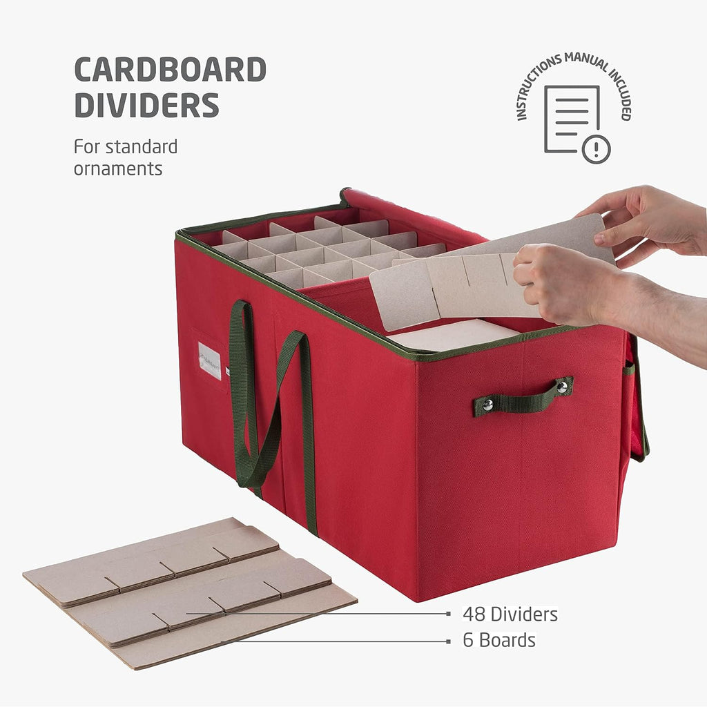 Christmas Ornament Storage Box 128 Capacity - Durable Tear-Proof Fabric Organizer with Adjustable Dividers & Dual Zipper for 3 Inch Christmas Ornament Storage, Red Large Ornament Storage Box