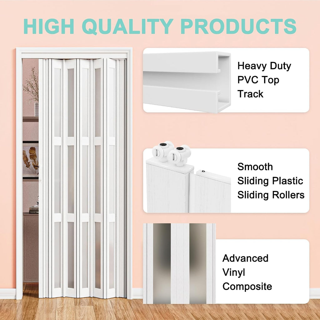 72" x 80" Enhanced Double Walled Interior Accordion Doors, Oak PVC Panel Strong Magnet Folding Closet Door, Space-Saving Bi Fold Doors with Heavy-Duty Nylon Rollers & Upgrated Handle, Easy to Install
