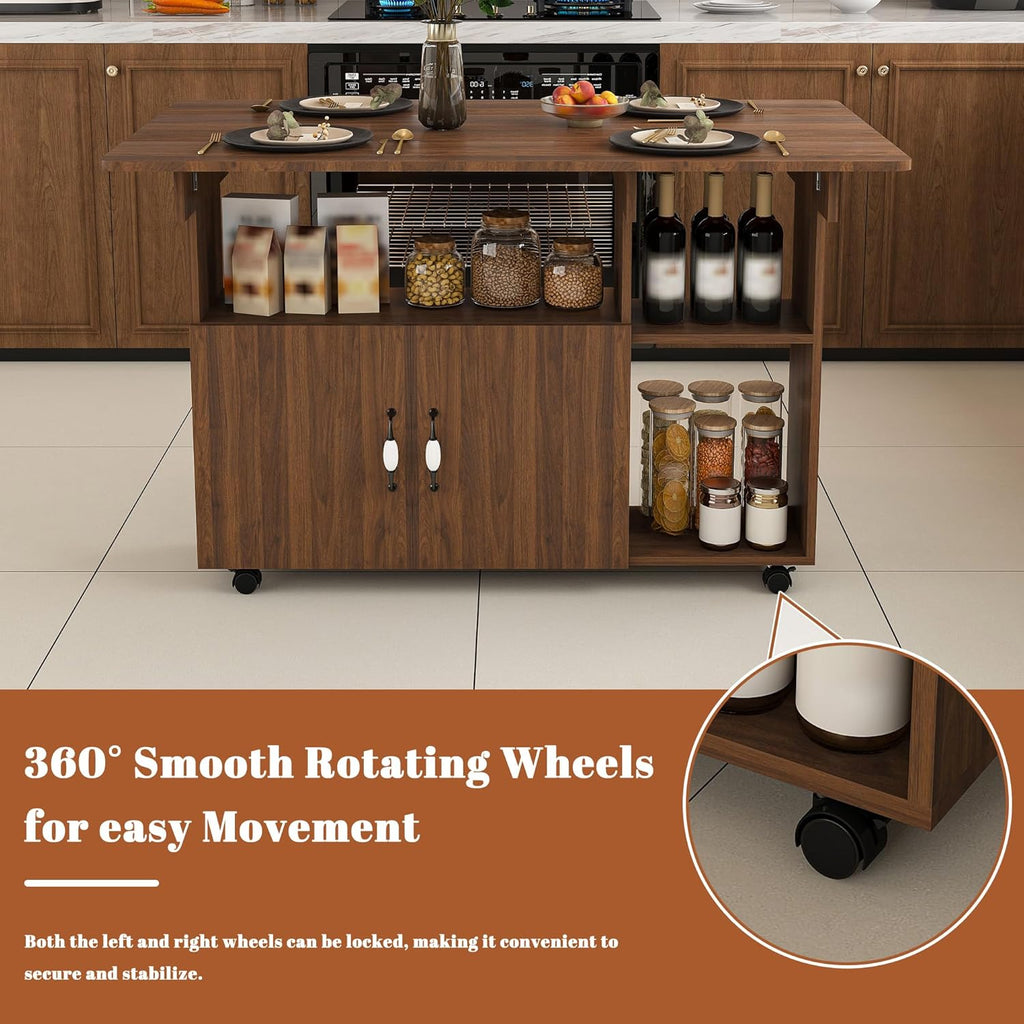Kitchen Island with Storage, Rolling Kitchen Island on Wheels, 47" Rolling Cart with Drop Leaf, Home Bar Carts with Cabinet for Kitchen (Walnut)
