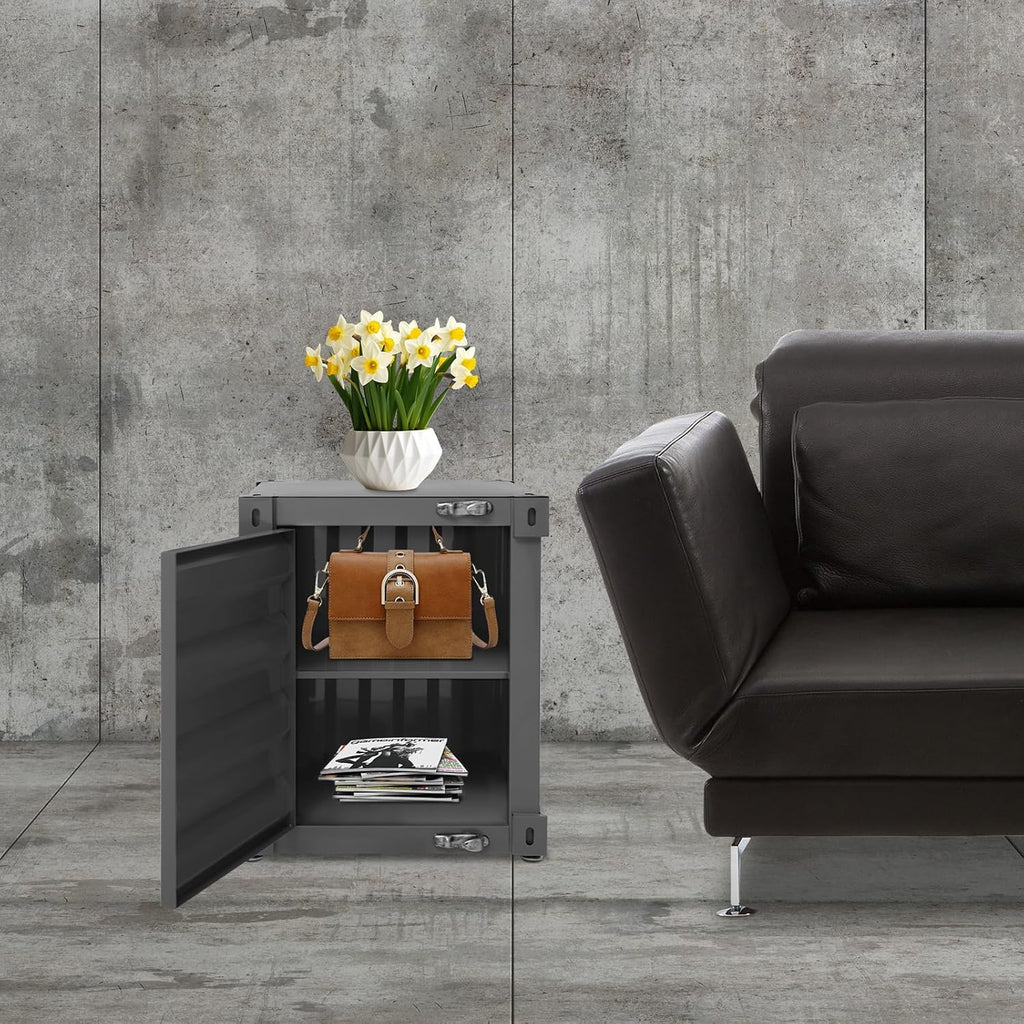 Side Table, Industrial Metal End Table Shipping Container Style,Wrought Iron Cabinet Side Table with Lock Small Storage Nightstand for Bedroom, Living Room Bar Office