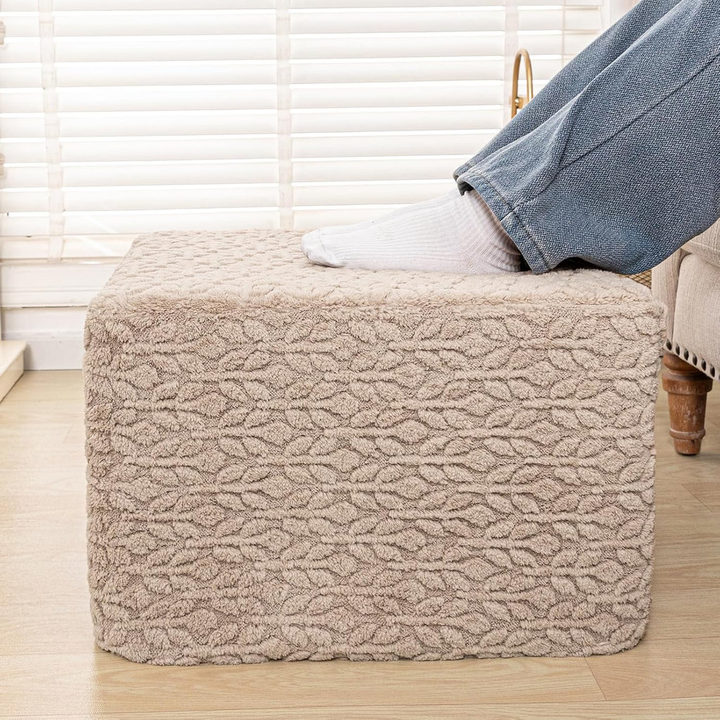 Square Stuffed Pouf Ottoman Poufs with One-Piece Seamless Foam Filling, Furry and Fluffy Pouf Foot Stool, 20 X 14 Floor Poufs Ottoman Foot Rest for Living Room (Light Coffee)