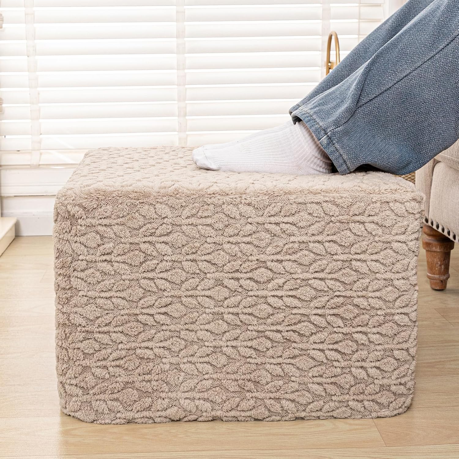 Square Stuffed Pouf Ottoman Poufs with One-Piece Seamless Foam Filling, Furry and Fluffy Pouf Foot Stool, 20 X 14 Floor Poufs Ottoman Foot Rest for Living Room (Light Coffee)