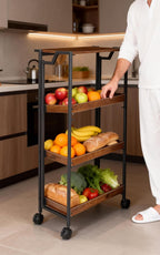 Garvee Large 4-Tier Wooden Folding Storage Shelf Cart with Locking Wheel, Expandable Kitchen Organizer Rack, 100 Lbs Loading Heavy Duty Garage Shelving, Easy Foldable No Assembly Required