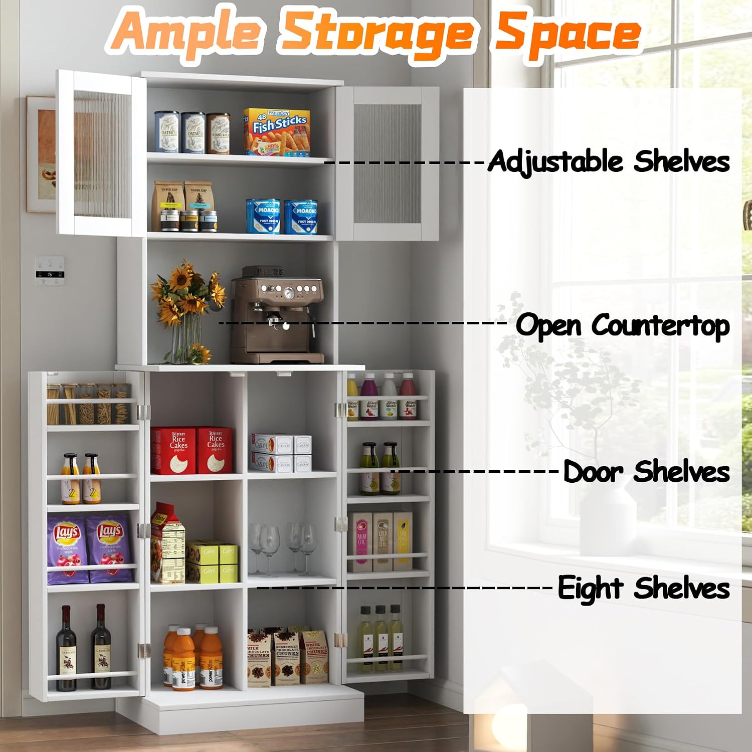 HRVEOCEI Tall Pantry Cabinet with Doors and Adjustable Shelves, 71'' Freestanding Kitchen Cabinet Storage with Microwave Stand, White Food Pantry Cabinet & Cupboard for Kitchen, Dining Room, Wood