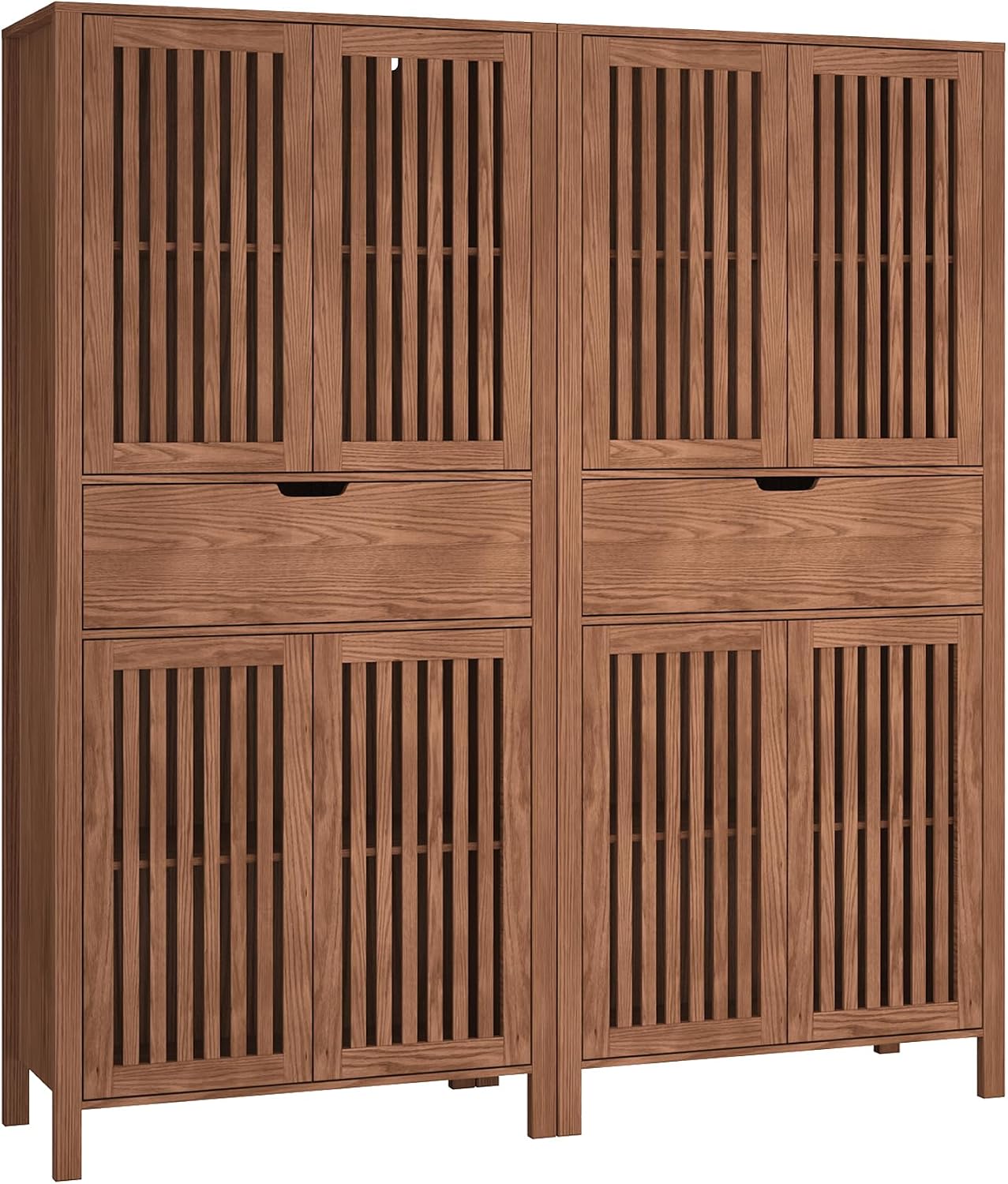 Set of 2 Pantry Cabinet, 69" Tall Freestanding Storage Cabinet with Louvered Doors and 4-Tier Adjustable Shelves, Modern Farmhouse Tall Cupboard with Large Drawers for Kitchen, Living Room, Brown