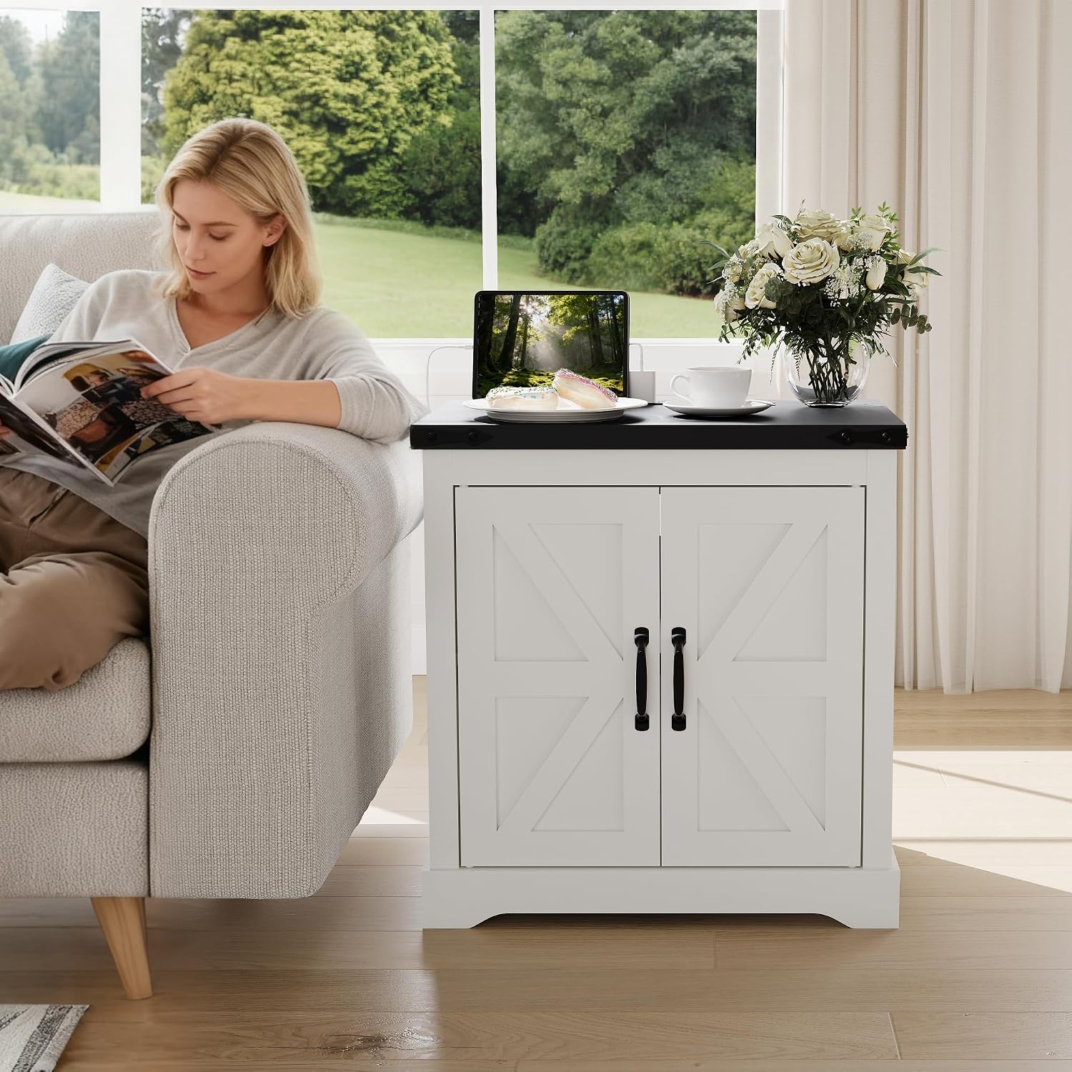 24" Farmhouse End Table with Charging Station | Rustic Sofa Side Table with Sliding Barn Door & Shelf | for Living Room, Bedroom in Antique White