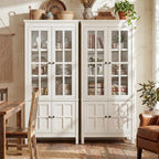 63" Kitchen Pantry Cabinet with Glass Doors & Hidden Storage, Farmhouse Display Kitchen Hutch Cupboard with Adjustable Shelves for Dining Room, Living Room Home Office, Rustic White
