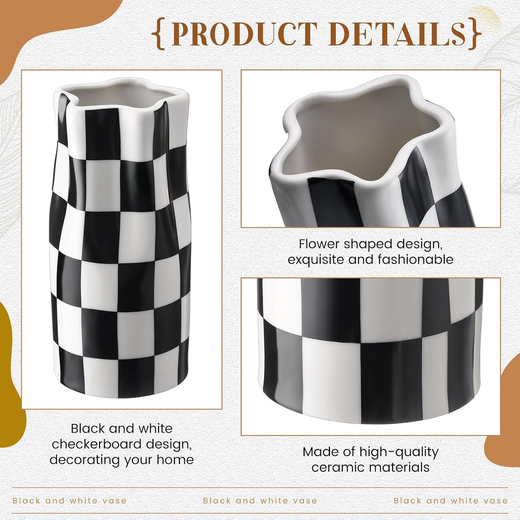 Black and White Checkered Vase Small 8 Inch Height Modern Checkered Decor Ceramic Black and White Flower Shaped Decorative Vase for Office, Bedroom, Home Decor