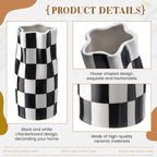 Black and White Checkered Vase Small 8 Inch Height Modern Checkered Decor Ceramic Black and White Flower Shaped Decorative Vase for Office, Bedroom, Home Decor