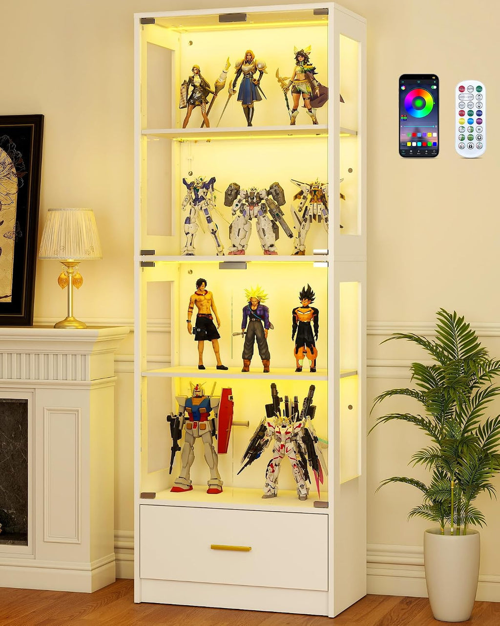 Lamtor Glass Display Cabinet with Doors - Curio Cabinet with Dynamic LED Lights for Collectibles, 67" Display Case with 4 Tier and Drawer for Figure, Toys, Books, White(Narrow)
