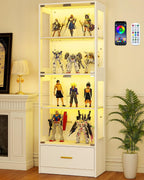 Lamtor Glass Display Cabinet with Doors - Curio Cabinet with Dynamic LED Lights for Collectibles, 67" Display Case with 4 Tier and Drawer for Figure, Toys, Books, White(Narrow)