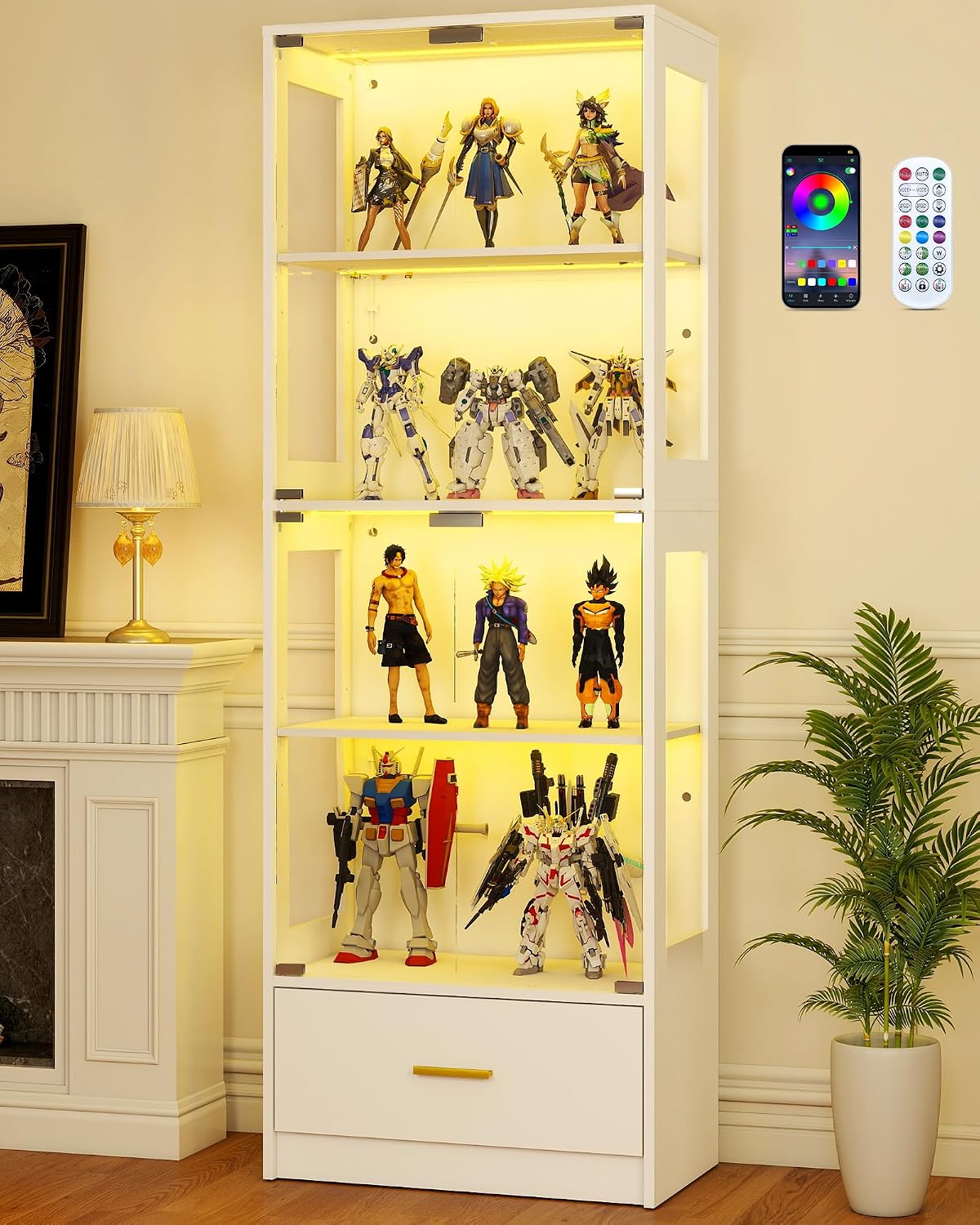 Lamtor Glass Display Cabinet with Doors - Curio Cabinet with Dynamic LED Lights for Collectibles, 67" Display Case with 4 Tier and Drawer for Figure, Toys, Books, White(Narrow)