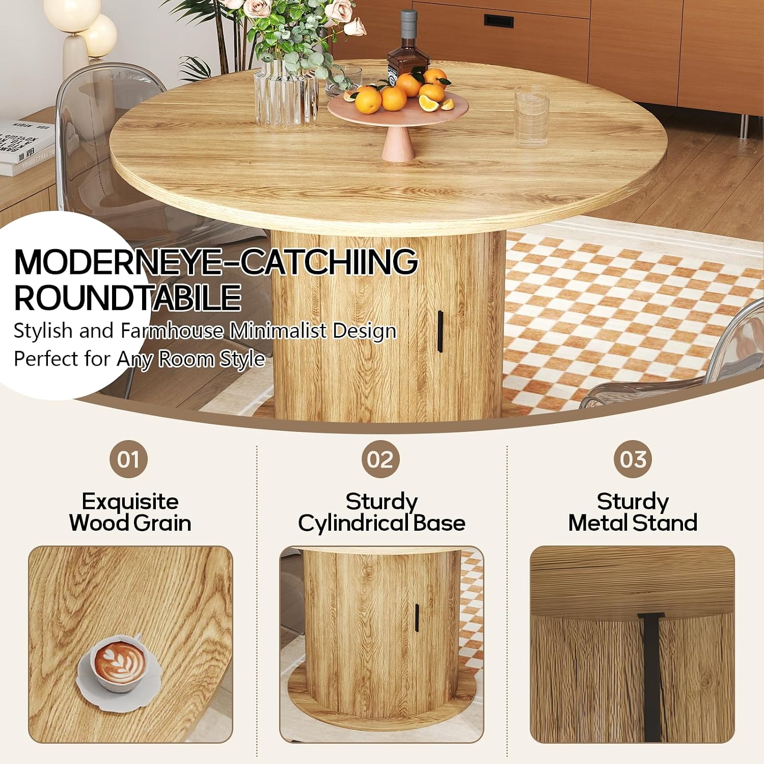 47" Round Dining Table for 4-6, Kitchen Table Dinner Table with 2-Layer Hidden Storage and Wood Slide Door,Space Saving for Small Spaces, Mid-Century Modern Circle Design(Oak Color)