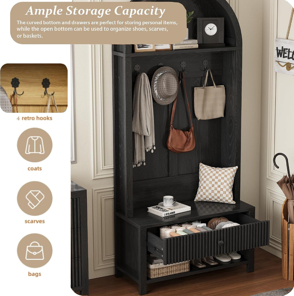 70.86-inch Entryway Hall Tree, Farmhouse-Style Wooden Coat Rack Freestanding, Entryway Organizer with Four Hooks, Standing Shoe Rack with Bench for Hallways, Foyers, and Living Rooms, Black