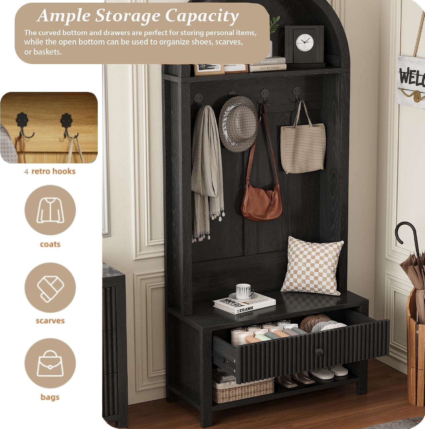 70.86-inch Entryway Hall Tree, Farmhouse-Style Wooden Coat Rack Freestanding, Entryway Organizer with Four Hooks, Standing Shoe Rack with Bench for Hallways, Foyers, and Living Rooms, Black