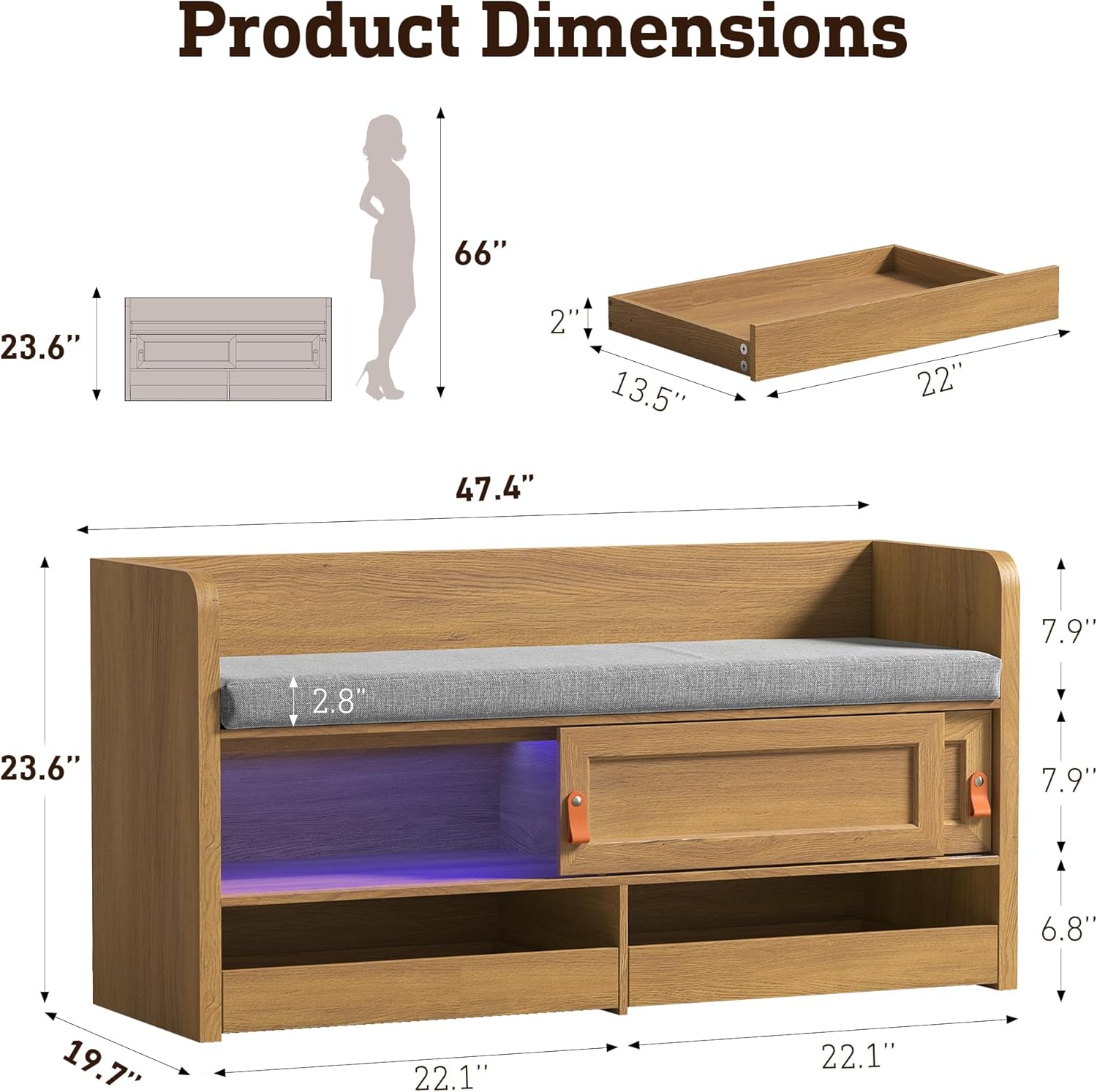 STO'SENSE Premium Entryway Bench with Storage & Invisible UV Shoe Care Modern Oak Mudroom Bench with Hidden Sliding Doors & Pop-Out Drawers Upholstered Seating, 47" (Oak)