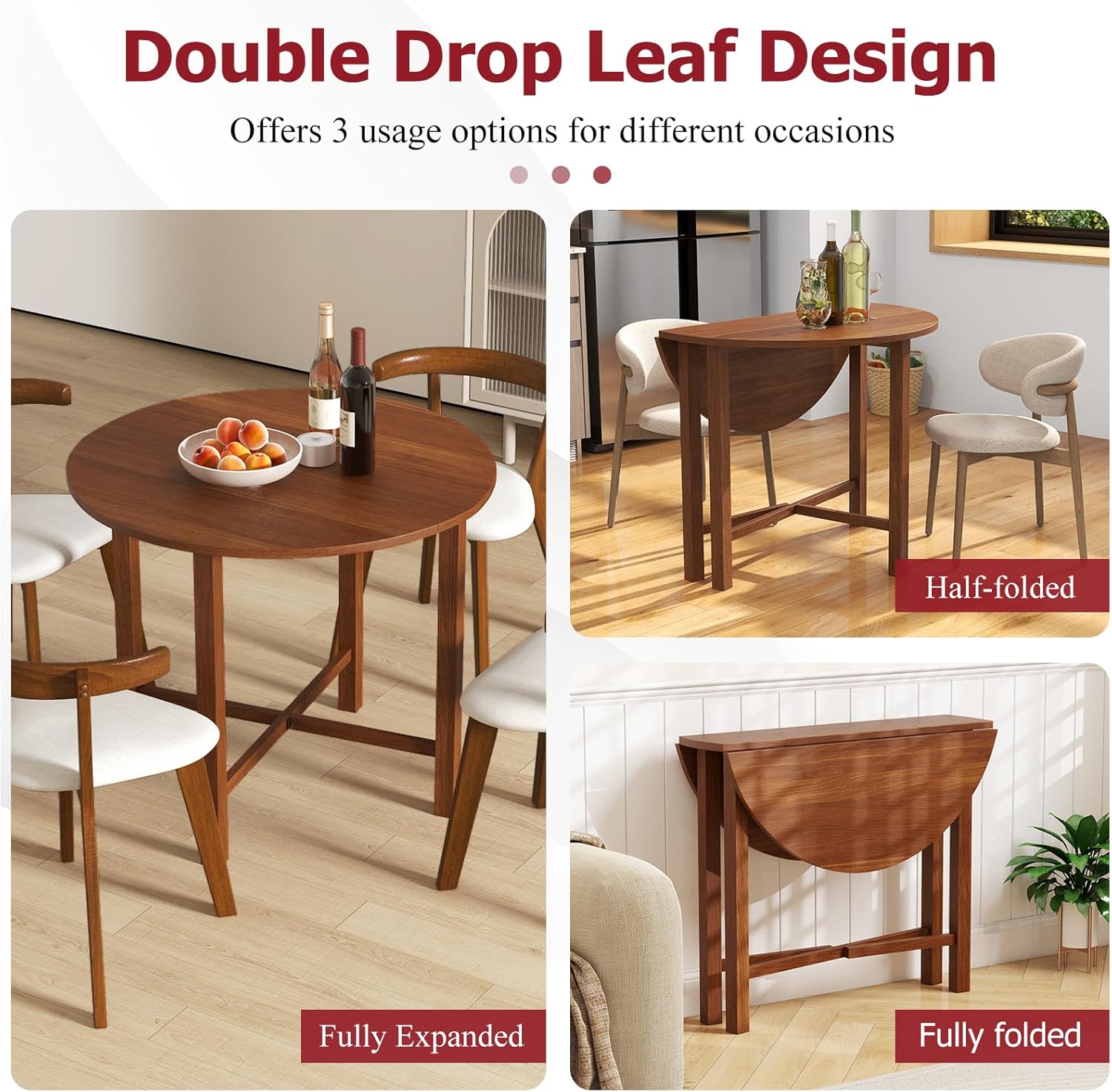 Tangkula 36" Foldable Round Dining Table, Kitchen Table w/Solid Rubber Wood Legs, Dual Drop Leaf Design, Farmhouse Circle Diner Table for 2-4 People, Dining Room, Living Room, Restaurant (Round)