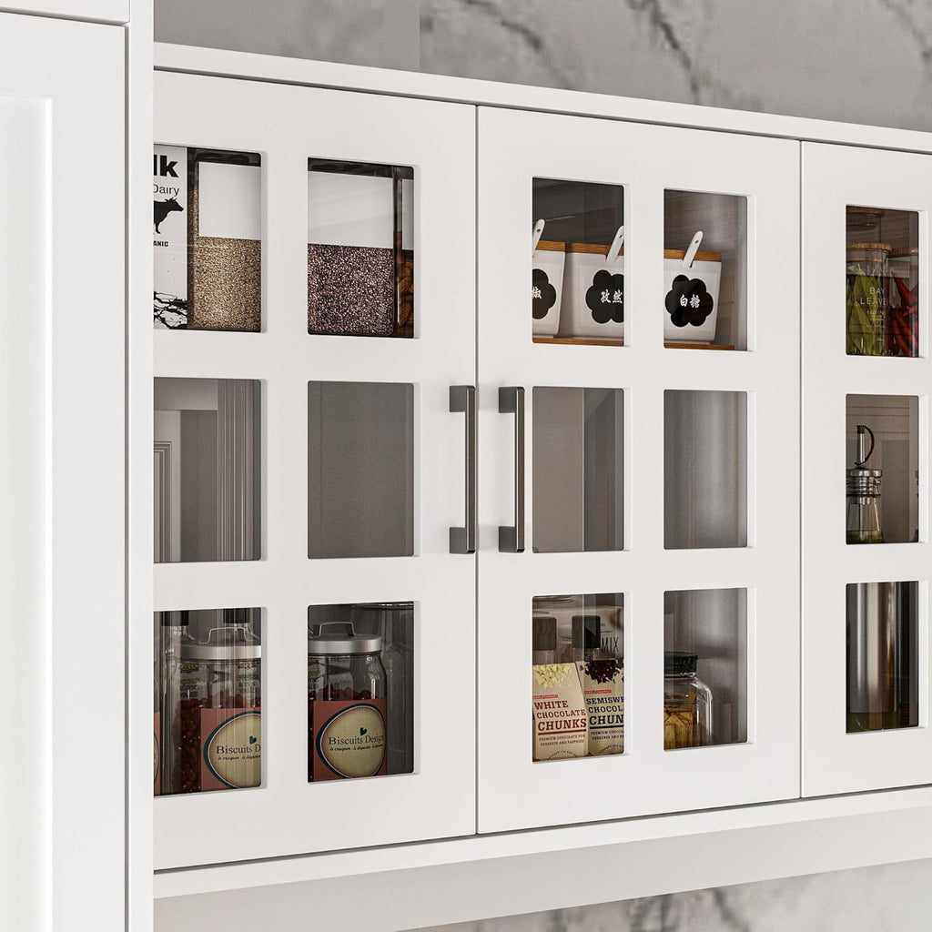 ECACAD 110.2" W Kitchen Pantry with Glass Doors & Open Countertop, Large Cupboard Storage Cabinet with Adjustable Shelves & 11 Drawers for Living Room, Dining Room, White