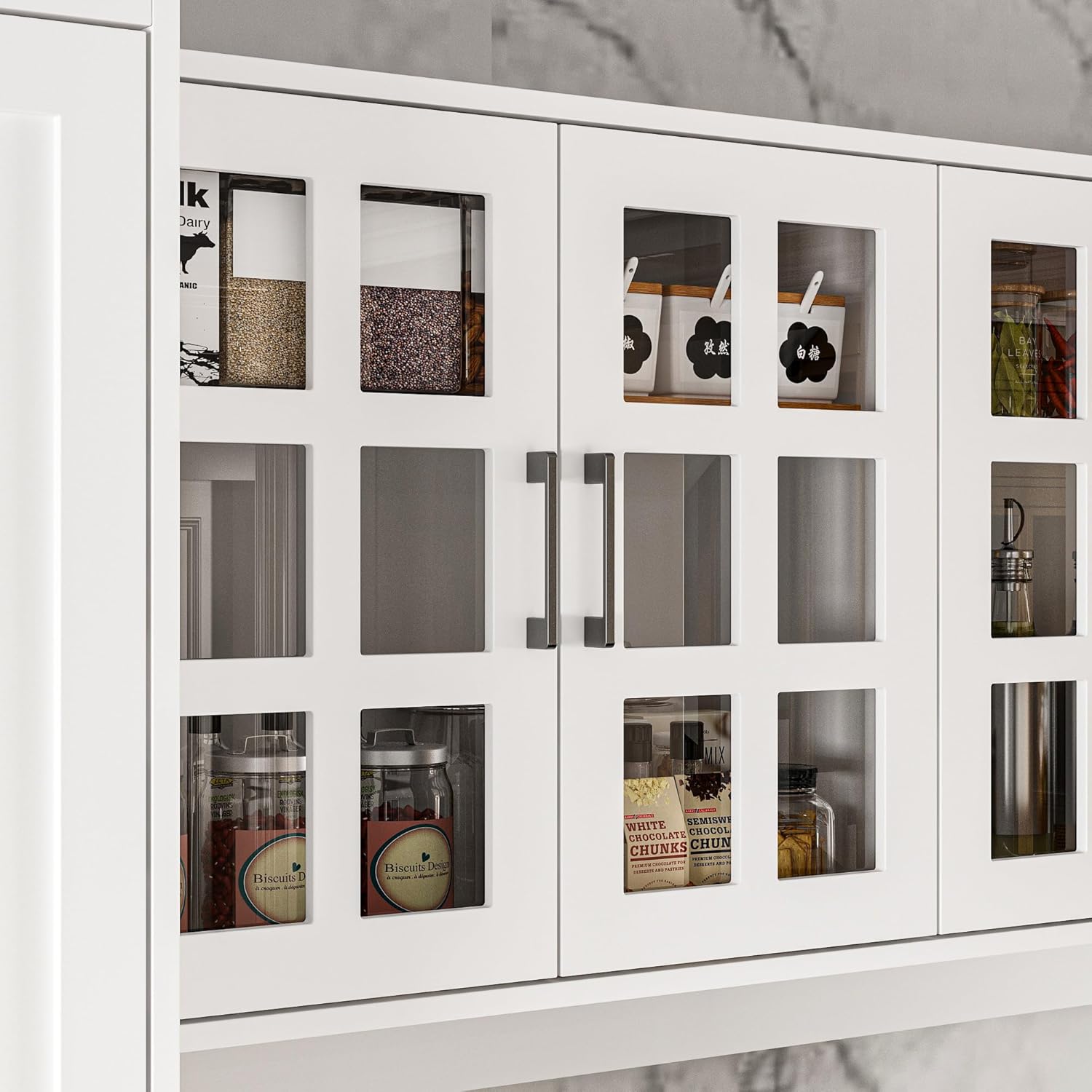 ECACAD 110.2" W Kitchen Pantry with Glass Doors & Open Countertop, Large Cupboard Storage Cabinet with Adjustable Shelves & 11 Drawers for Living Room, Dining Room, White