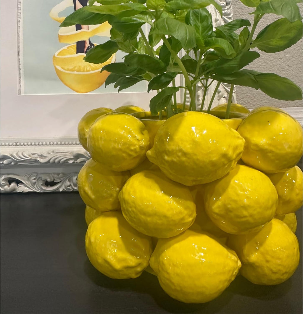 Lemon Vase -Cheery Yellow Ceramic French/Mediterranean Style Unique Vase with 3D Lemon Design- Lemon Kitchen Decor - Lemon Themed Housewarming Gift for her