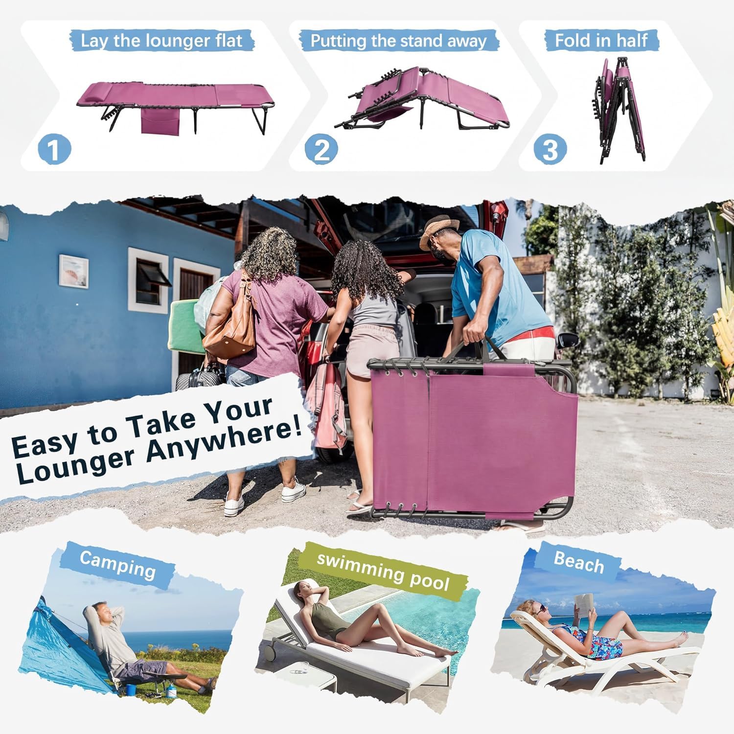Devoko Beach Lounge Chair, Outdoor Sun Tanning Chair with Face Hole, Heavy Duty Folding Portable Lay Chaise Lounge Chairs for Outside Beach Pool Camping Patio, Pink