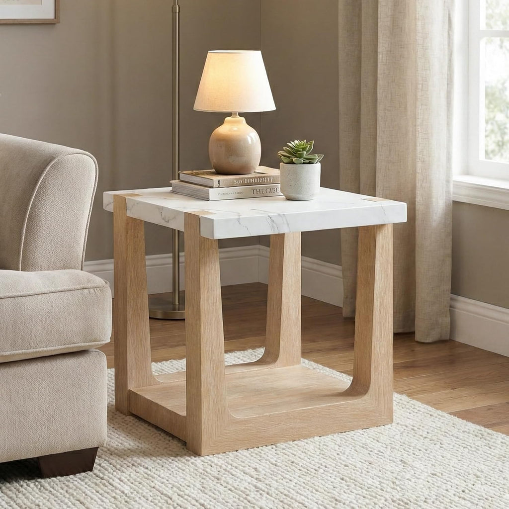 Furniture of America Coren Modern 24-inch Marble Top Square End Table with Shelf Base and U-Shaped Legs for Small Space, Living Room, Home Office, Natural and White