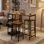 GarveeHome 3-Piece Kitchen Table Set with Storage Shelves & 2 Bar Stools - Iron and Wood Dining Table for Small Spaces, Apartments, Condos, Rustic Brown