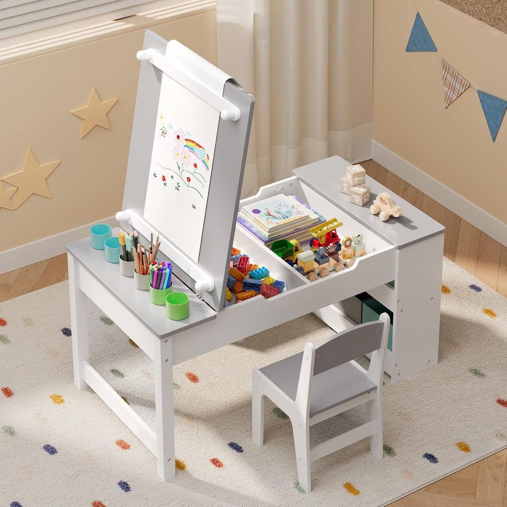 Gizoon Kids Art Table and Chairs with Removable Tabletop Storage,Toddler Craft Table and Chair Set for Drawing Studying Playing Wooden Kid Acitivity Table in Playroom Kids Room Living Room, Gray