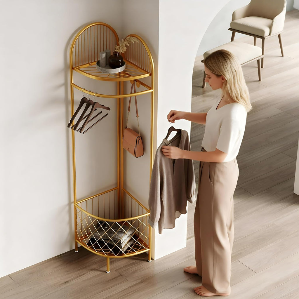 HKaikzo Corner Coat Rack, Gold Clothes Rack with 6 Metal Movable Hooks and Storage Basket Hall Tree Design Clothing Rack for Bedroom Entryway Hallway