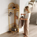 HKaikzo Corner Coat Rack, Gold Clothes Rack with 6 Metal Movable Hooks and Storage Basket Hall Tree Design Clothing Rack for Bedroom Entryway Hallway