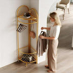 HKaikzo Corner Coat Rack, Gold Clothes Rack with 6 Metal Movable Hooks and Storage Basket Hall Tree Design Clothing Rack for Bedroom Entryway Hallway