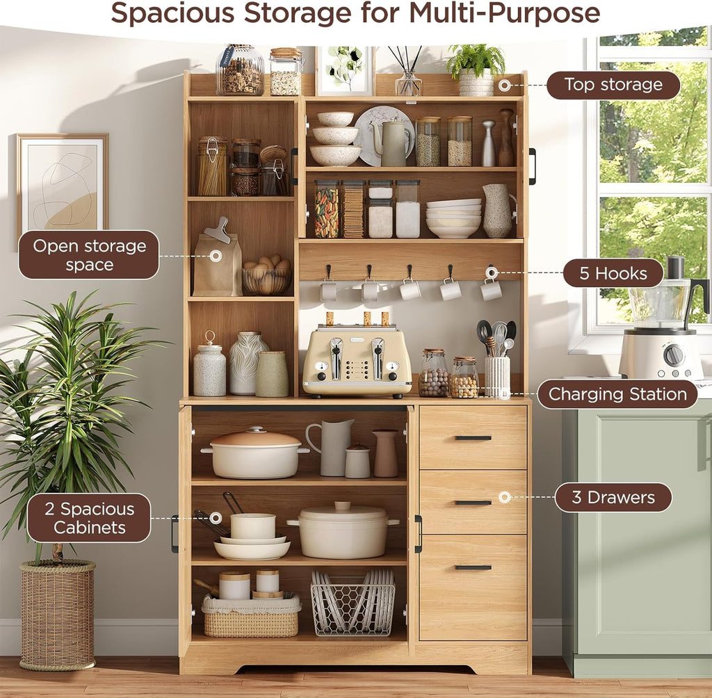 Kitchen Pantry Cabinet with Charging Station, 68" Tall Storage Cabinet with 3 Drawers, 2 Cabinets, Open Shelves, Fluted Doors, Wood Kitchen Hutch with Microwave Stand for Dining Room Living Room