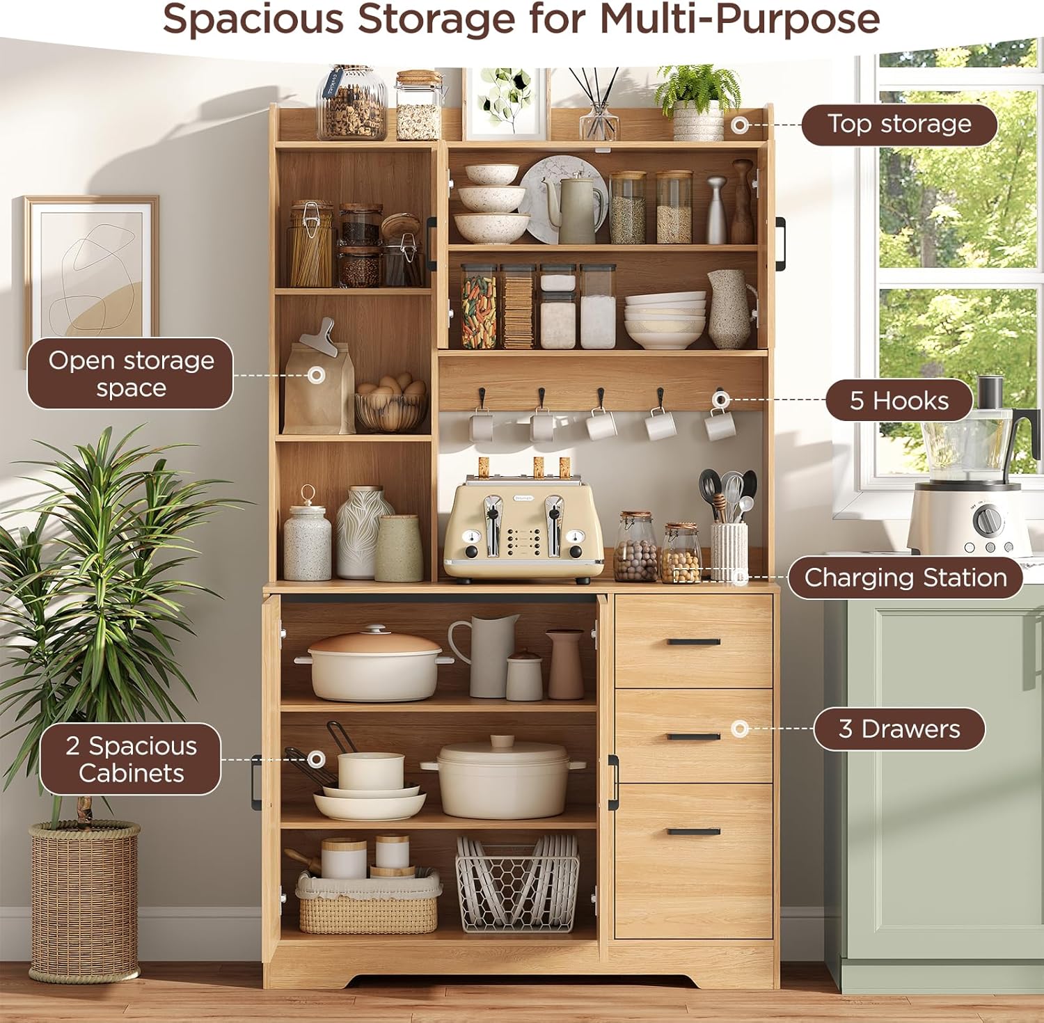 Kitchen Pantry Cabinet with Charging Station, 68" Tall Storage Cabinet with 3 Drawers, 2 Cabinets, Open Shelves, Fluted Doors, Wood Kitchen Hutch with Microwave Stand for Dining Room Living Room