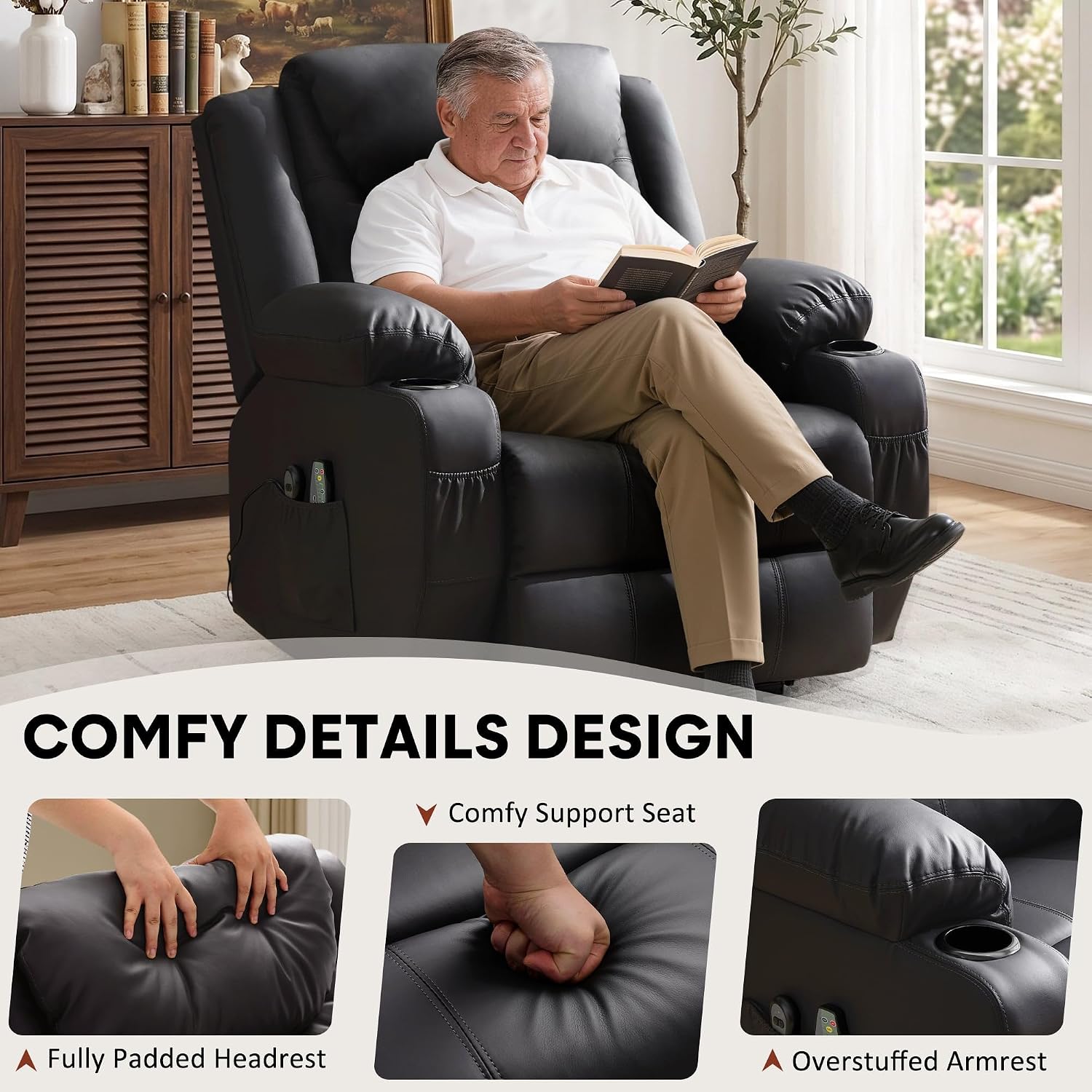 Korser Oversized Power Lift Recliner Chair with Massage and Heat for Elderly, 26" Overstuffed Wide Electric Recliner with 2 Side Pockets, Cup Holders, Lift Chair for Living Room, Faux Leather, Black