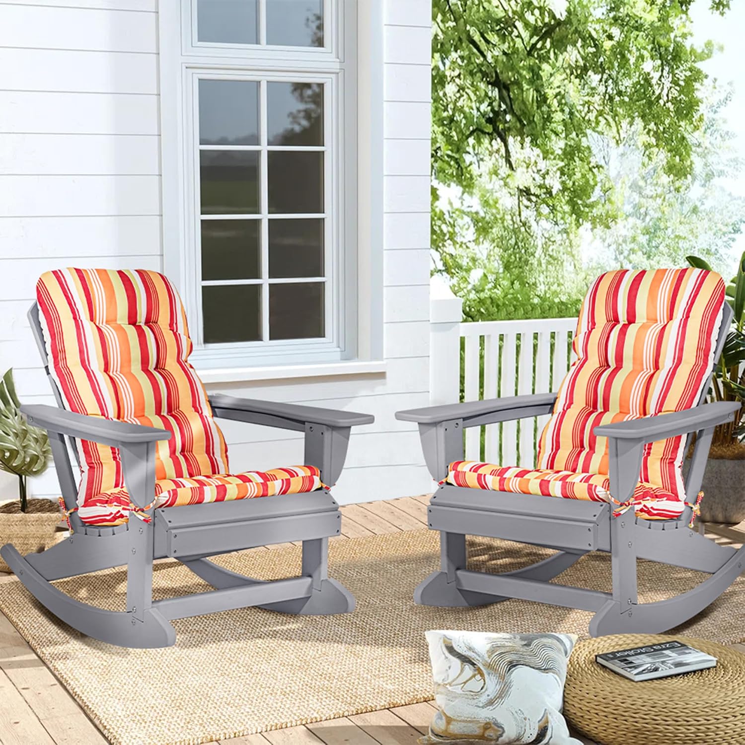 Sundale Outdoor Adirondack Rocking Chair with Cushion, HDPE Patio Plastic All Weather Adirondack Rocker, Water Resistant for Outside, Garden, Pool, Yard, Grey