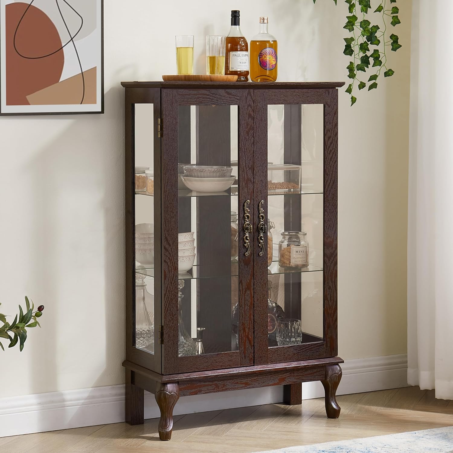 43" H Lighted Glass Curio Display Cabinet, 3-Tier Glass Storage Cabinet Curio Showcase with Adjustable Shelves,Wine Artwork Storage Rack with Mirrored Back Panel for Living Room (Dark Cherry)